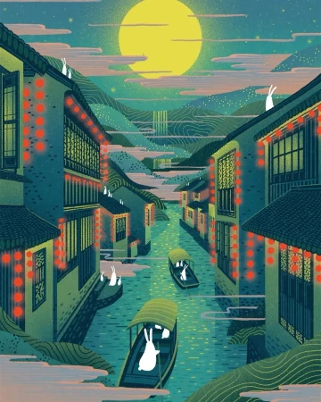 Illustration of a river running through a Chinese town at night, with boaters and rabbits in the scene, and a full moon above.