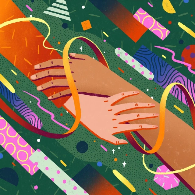 Graphic illustration of two hands intertwined, set against a backdrop of colorful geometric shapes on a speckled, dark green background.