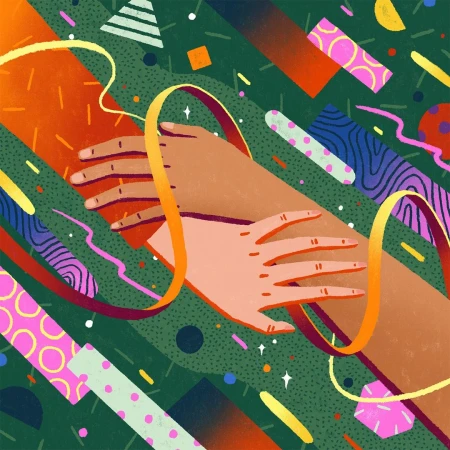 Graphic illustration of two hands intertwined, set against a backdrop of colorful geometric shapes on a speckled, dark green background.