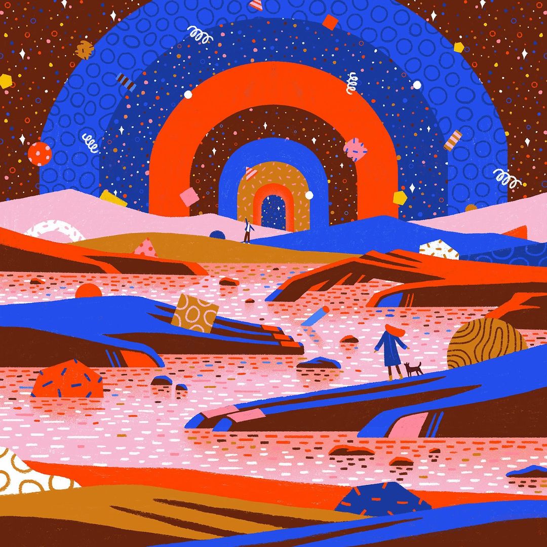 Stylized illustration of figures walking in colorful landscape with geometric shapes, stars, and rainbow arches above.