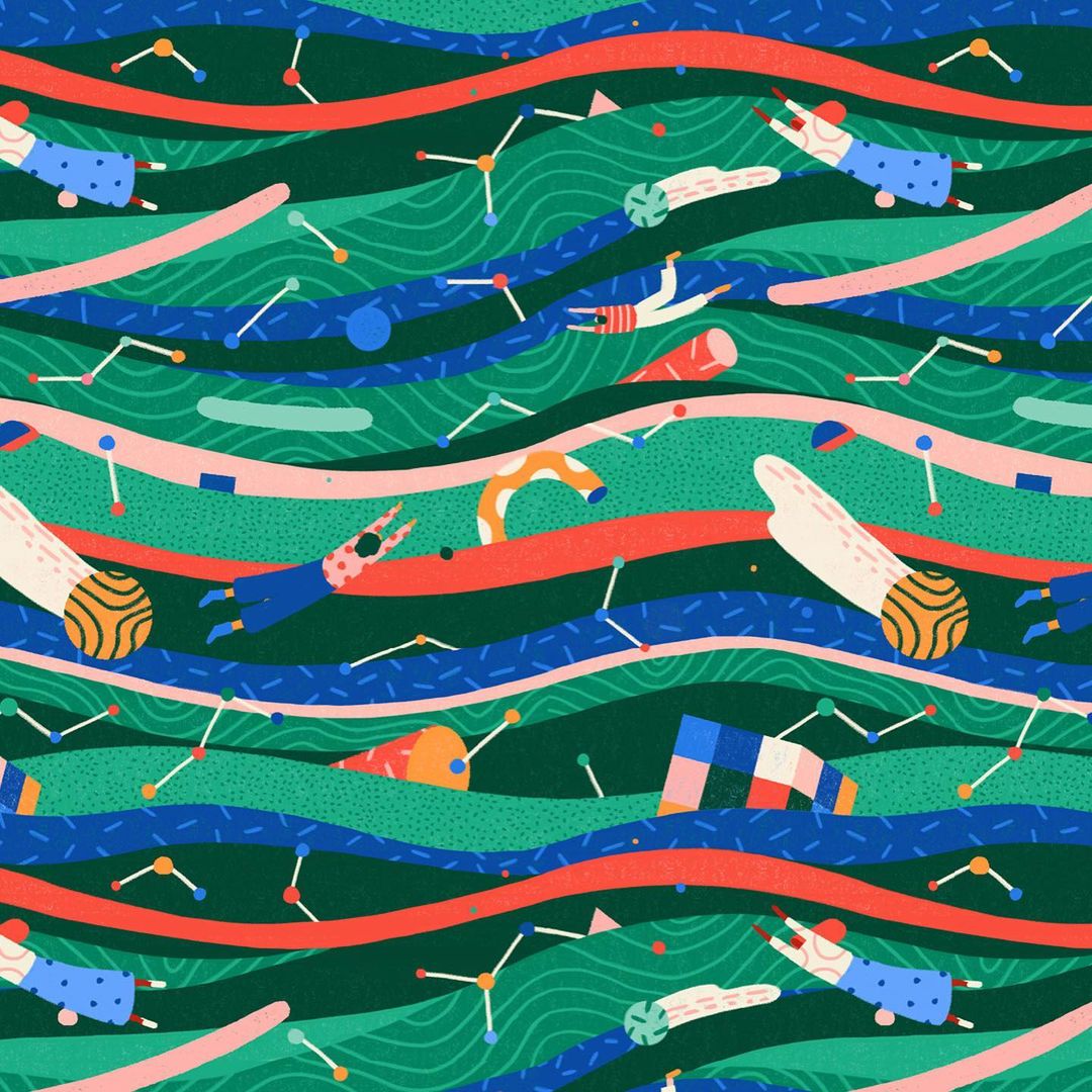 Whimsical illustration featuring stylized figures floating amidst colorful, wavy lines and abstract geometric shapes on a dark green backdrop.