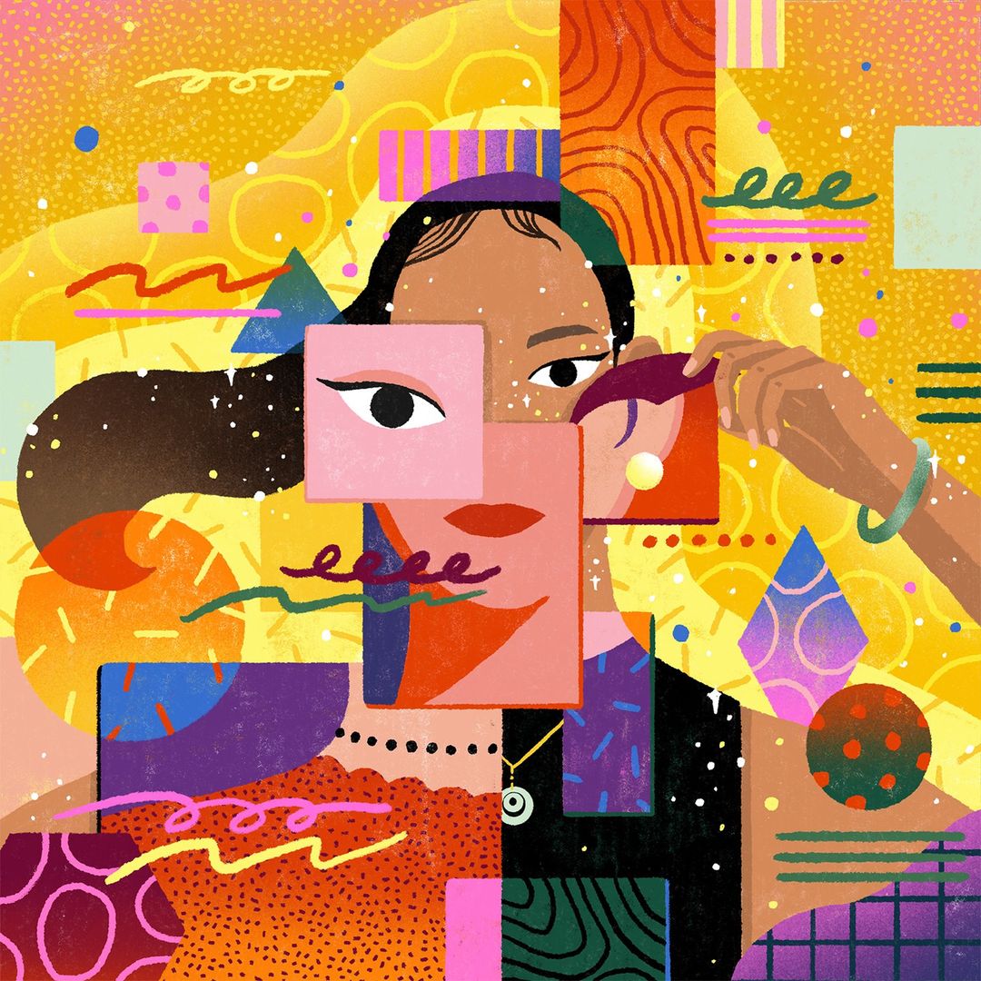 Digital portrait of a woman with geometric face details, set against a vibrant yellow and orange patterned background in a unique artistic style.