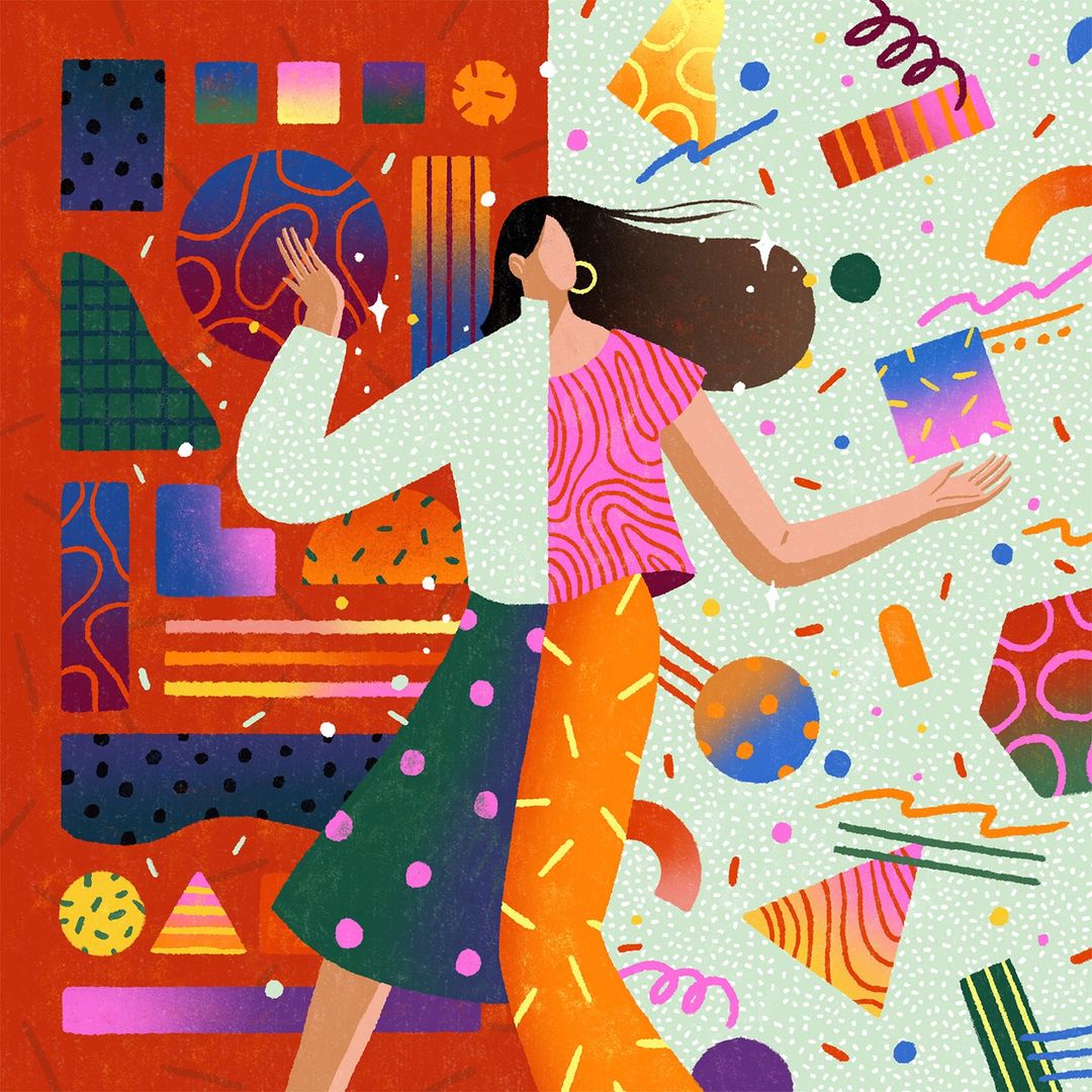 Illustration of a woman surrounded by colorful geometric shapes against a split red and light green background.