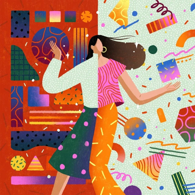 Illustration of a woman surrounded by colorful geometric shapes against a split red and light green background.