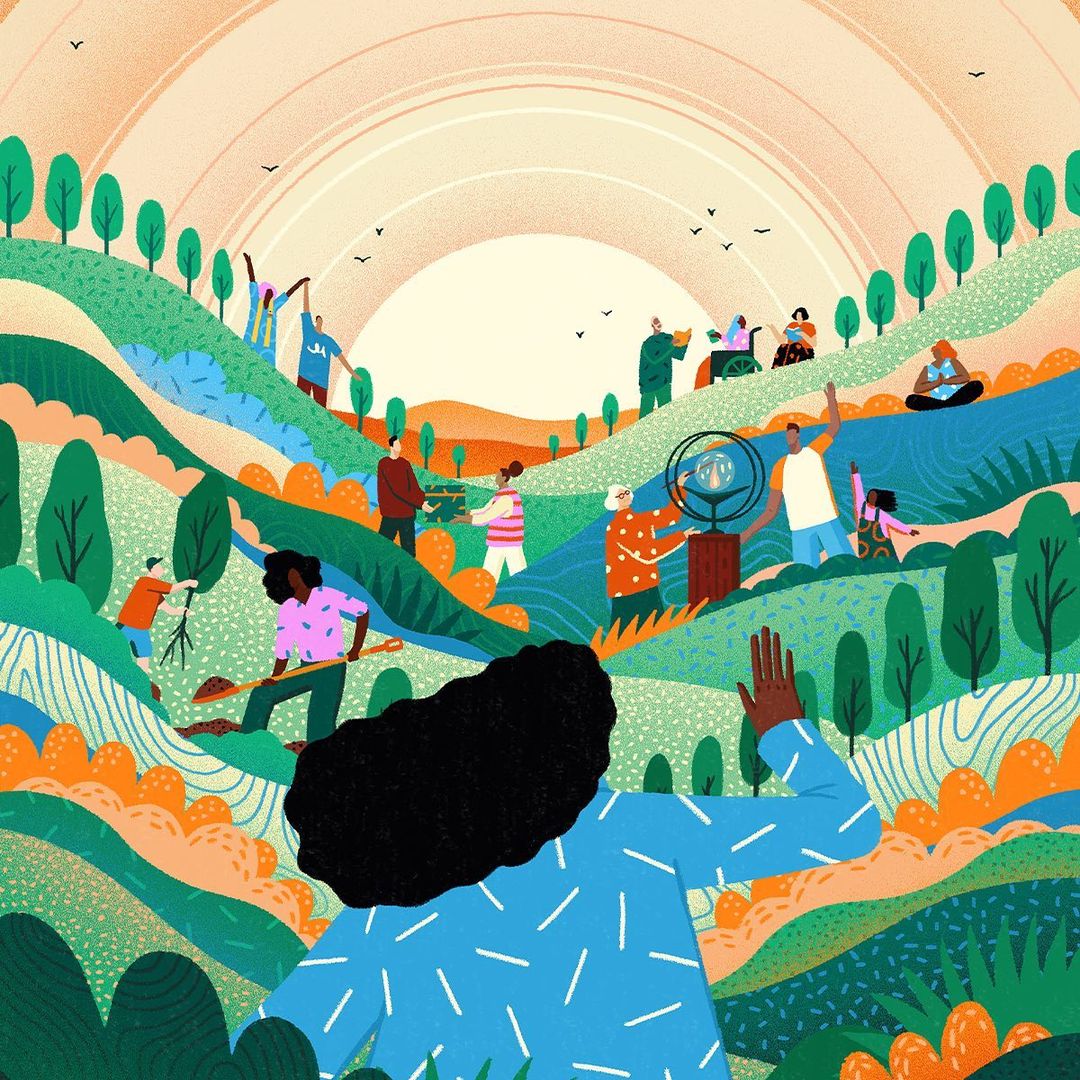Illustration of a diverse group of people interacting in a park-like setting with rolling green hills and trees under a bright sun.