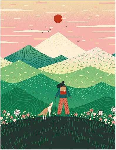 Illustration of a person hiking with a dog in a green mountain landscape under a pastel sky with a red sun.