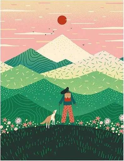 Illustration of a person hiking with a dog in a green mountain landscape under a pastel sky with a red sun.