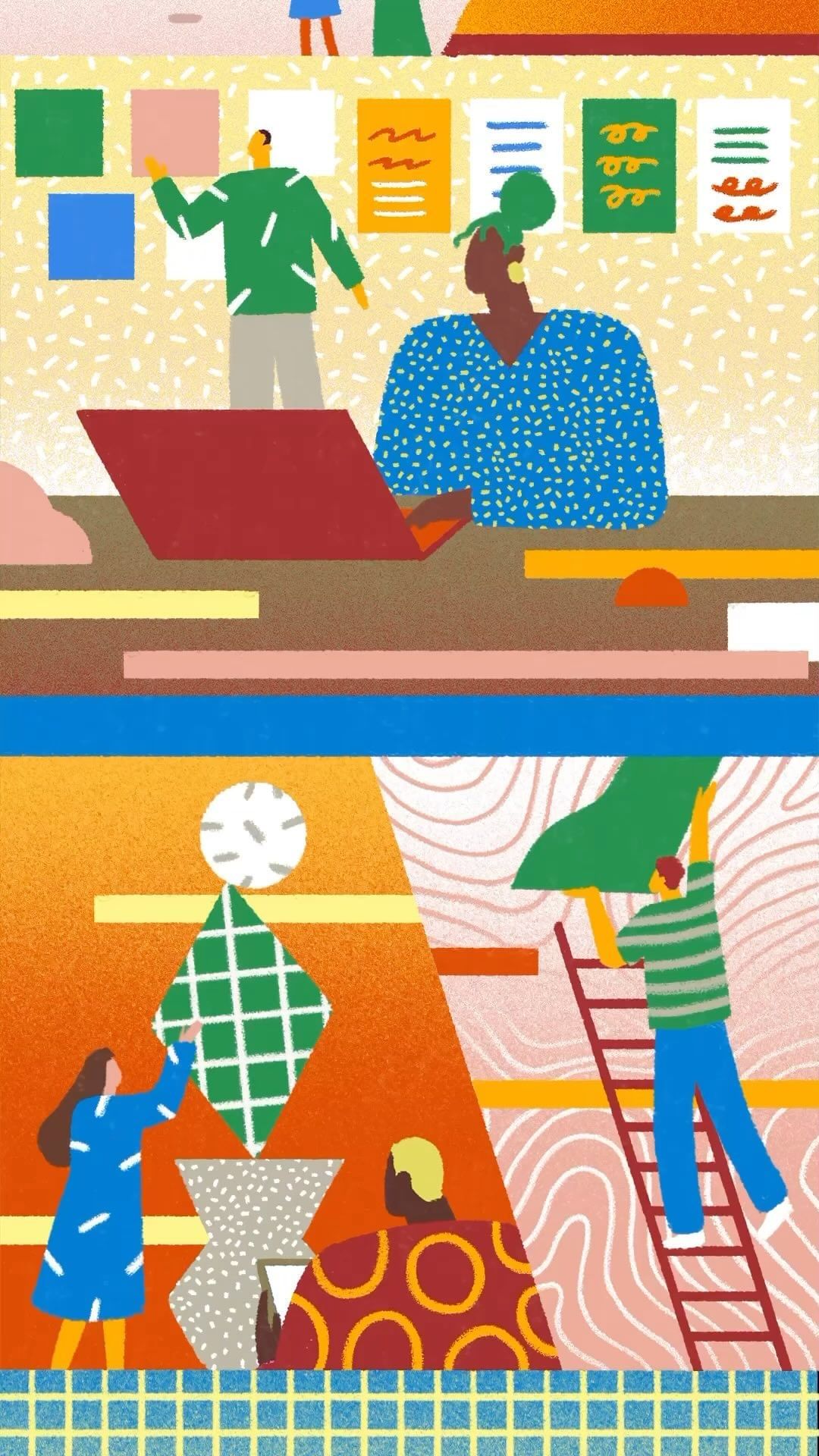 Flat illustration of people in an office environment, featuring team collaboration, presentations, and diverse activities and compositions.