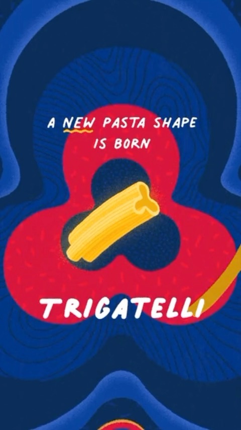 Graphic illustration of trigatelli pasta on a blue and red patterned background with the text 'A new pasta shape is born' and 'Trigatelli'.