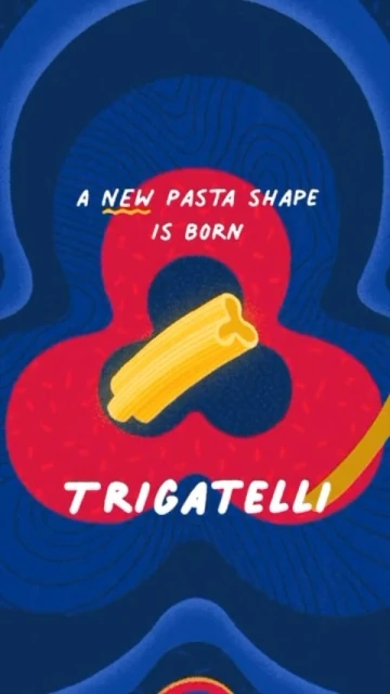 Graphic illustration of trigatelli pasta on a blue and red patterned background with the text 'A new pasta shape is born' and 'Trigatelli'.
