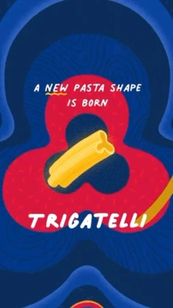 Graphic illustration of trigatelli pasta on a blue and red patterned background with the text 'A new pasta shape is born' and 'Trigatelli'.