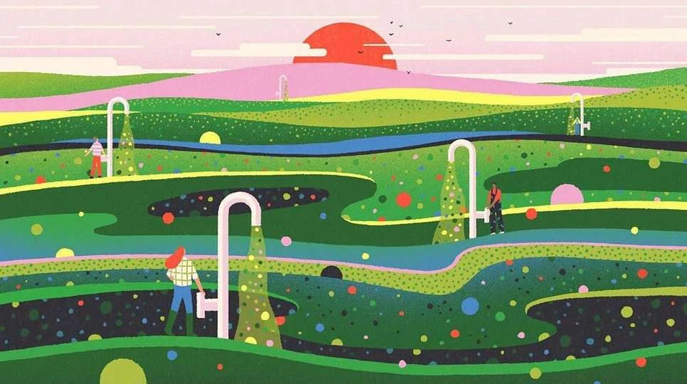 Whimsical landscape illustration with figures, rolling green hills dotted with colourful circles, and arches against a pastel sky at sunset.