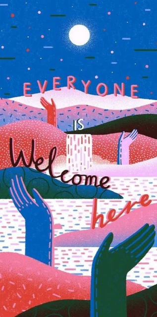 Illustration of stylized hands reaching upward toward the text 'Everyone is Welcome Here' against a celestial background with stars and moon.