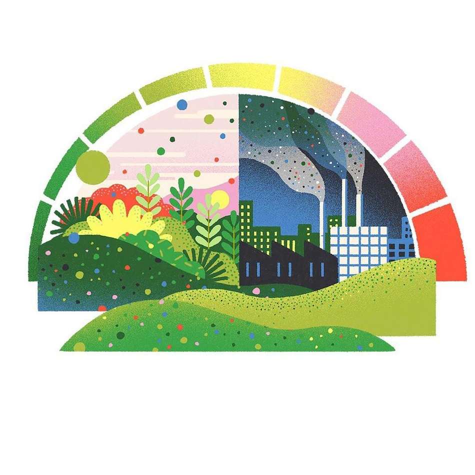 Illustration showcasing environmental contrast: a vibrant, flourishing landscape transitioning into an industrialized area with smokestacks.