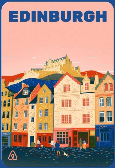 Illustration of Edinburgh featuring colourful buildings, a castle on a hill, and people strolling on cobblestone streets with a dog.