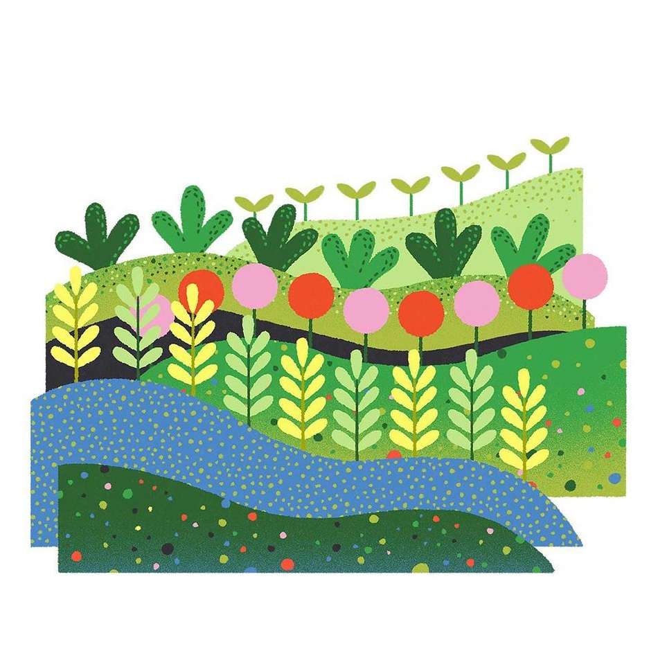 Illustration of a stylized landscape with rolling green hills, a blue stream, stylized plants, and pink and red lollipop-like flowers.