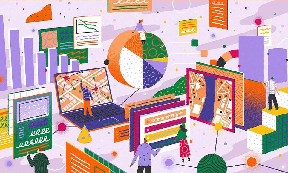 Illustration of data analysis with people interacting with charts, graphs, and maps on computers, showcasing data visualization concepts.