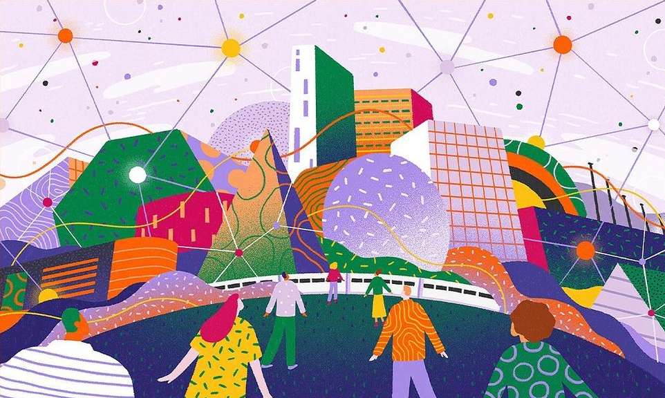 Abstract cityscape illustration with stylized buildings, a bridge with people, and a geometric network overlay against a light purple sky.