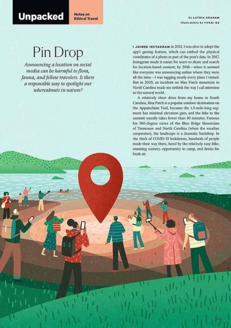 Illustration of a group of people on a hillside taking photos near a lake with a large red map pin graphic in the center.