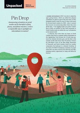 Illustration of a group of people on a hillside taking photos near a lake with a large red map pin graphic in the center.