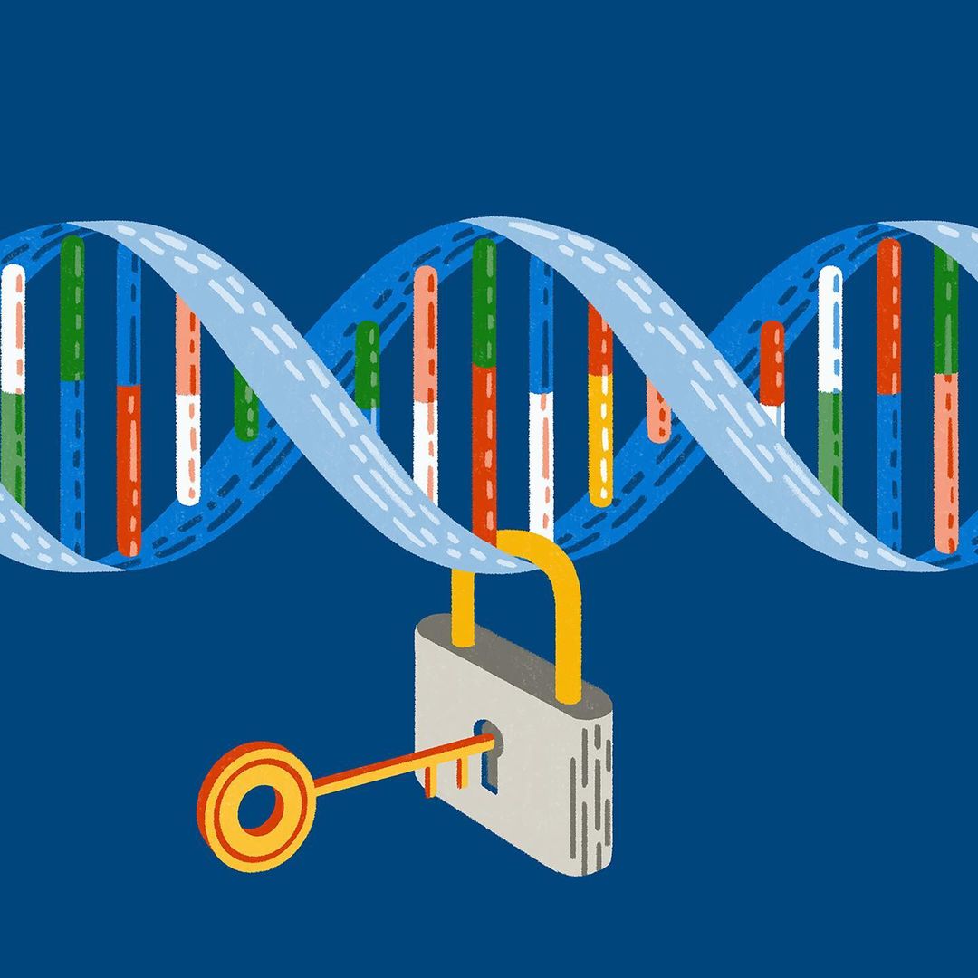 DNA double helix illustration with a padlock and key, symbolizing genetic security, data protection, and healthcare technology.