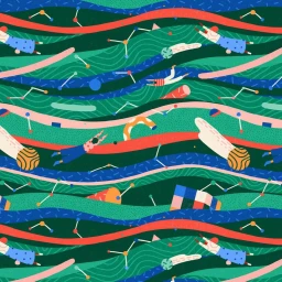 Colorful vector illustration by Yukai Du featuring abstract wavy patterns, scientific connection nodes, and tiny swimming figures.
