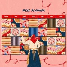 Illustrated weekly meal planner featuring a person pointing at a grid filled with patterned food illustrations by Yukai Du.