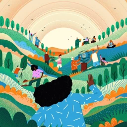 Colorful editorial illustration by Yukai Du featuring diverse people engaged in community activities across rolling green hills.