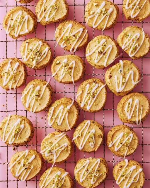 Overhead shot of dozens of round cookies decorated with white icing drizzle and chopped pistachios, arranged on a wire rack against pink.