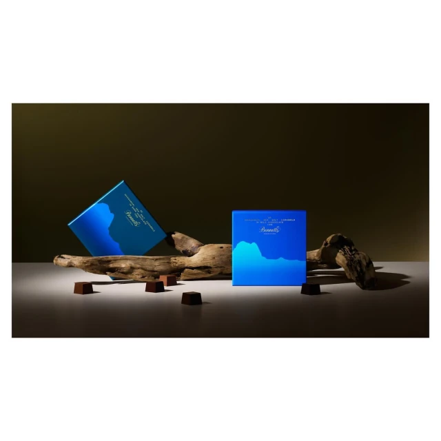Still life featuring two blue chocolate boxes on a driftwood branch, surrounded by dark chocolate pieces against a dark olive background.