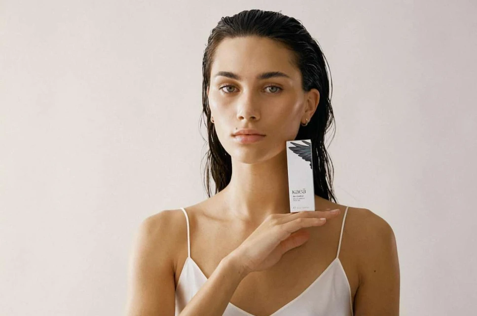 Adult woman with wet hair and white top holding a box of skincare product in a light-colored indoor setting. Beauty and fashion.