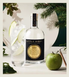 Little Biddy botanical gin bottle next to a tall glass with ice and apple slices and a whole green apple with a small tool.