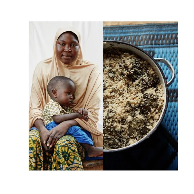Woman and child pictured alongside a pot of food on a blue woven mat in a collage style image. The scene evokes a sense of cultural connection.