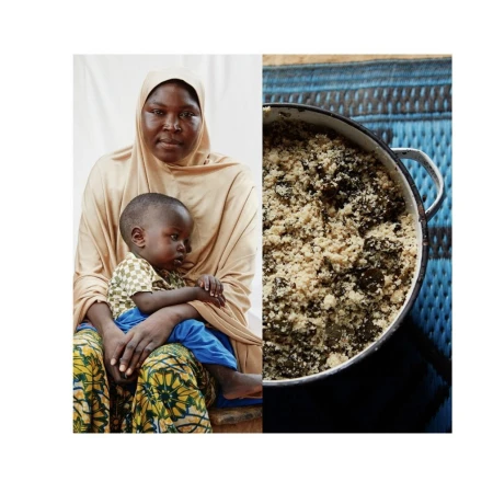 Woman and child pictured alongside a pot of food on a blue woven mat in a collage style image. The scene evokes a sense of cultural connection.