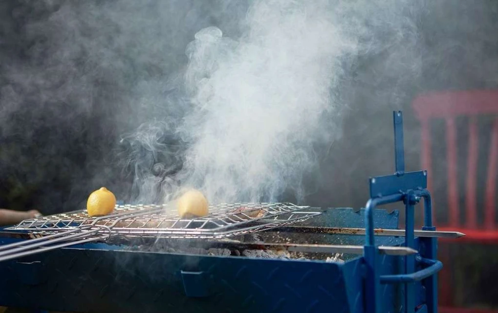 Smoky barbecue scene featuring grilled lemons with steam rising, set against a blurred background with a chair and lush greenery.