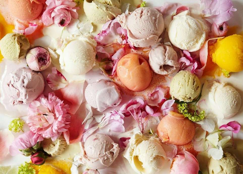 Overhead arrangement of colourful ice cream scoops and pink rose petals against a white background, creating a visually appealing food flat lay.