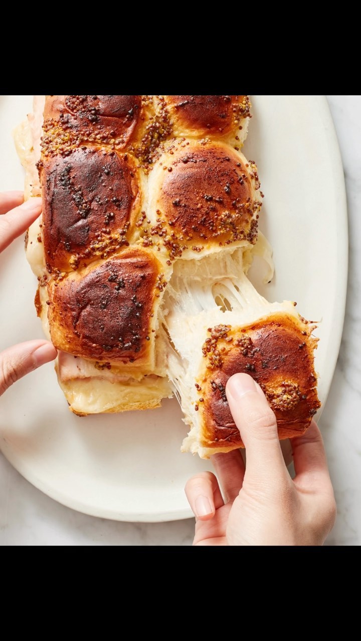 Close-up shot of hands pulling apart ham and cheese sliders with mustard seeds on a white plate, showcasing gooey cheese.
