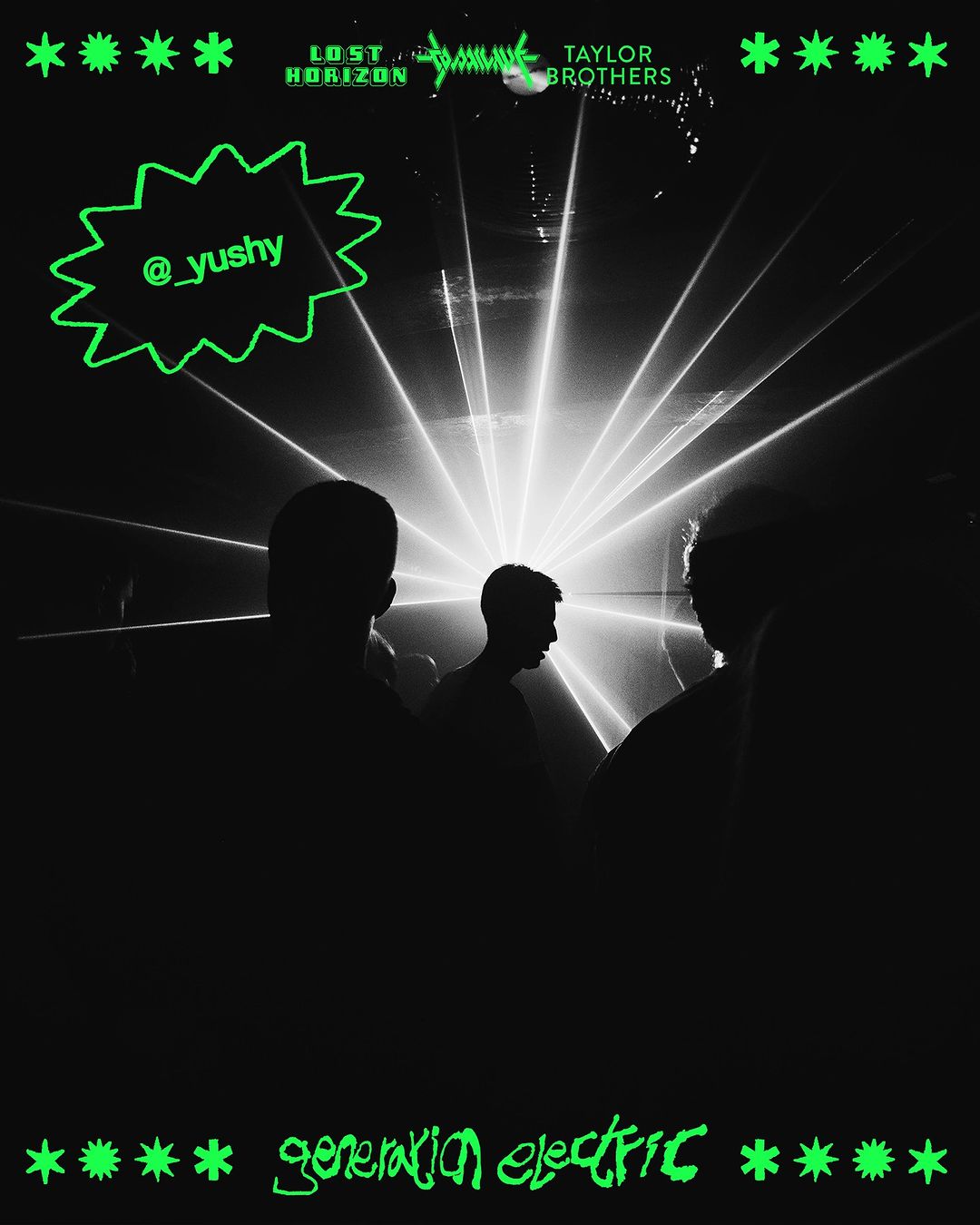 A black and white image of a group of silhouetted people in a dark indoor space with beams of light shining into the scene.