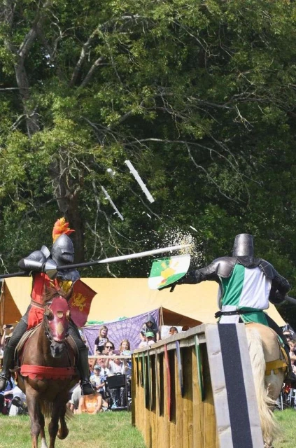 Two knights on horseback jousting in an outdoor arena, wearing armor and helmets, with a crowd watching in the background on a sunny day.