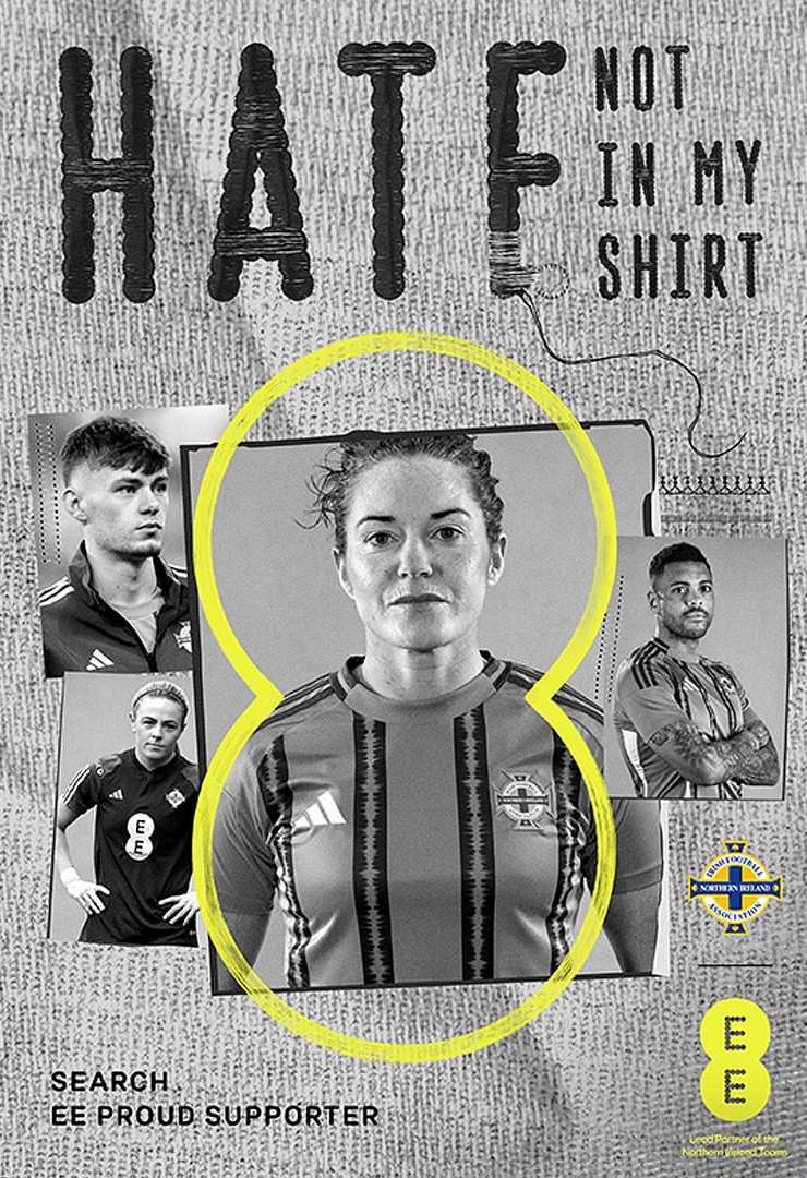 Collage-style campaign poster features a female soccer player in the center, surrounded by male players and 'Hate Not In My Shirt' text.