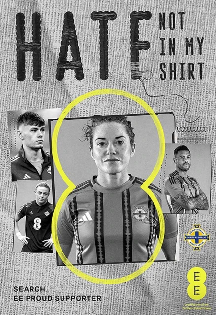 Collage-style campaign poster features a female soccer player in the center, surrounded by male players and 'Hate Not In My Shirt' text.