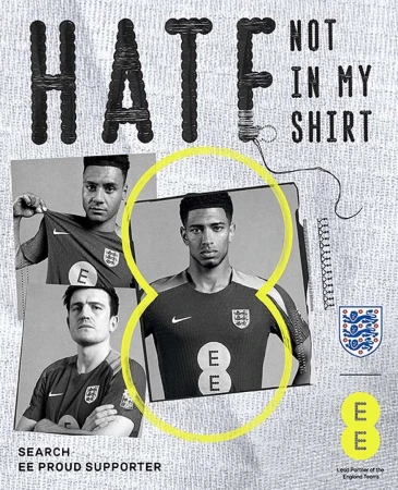 Image promoting the 'Not In My Shirt' campaign, featuring soccer players in England jerseys, with typography and brand logos.