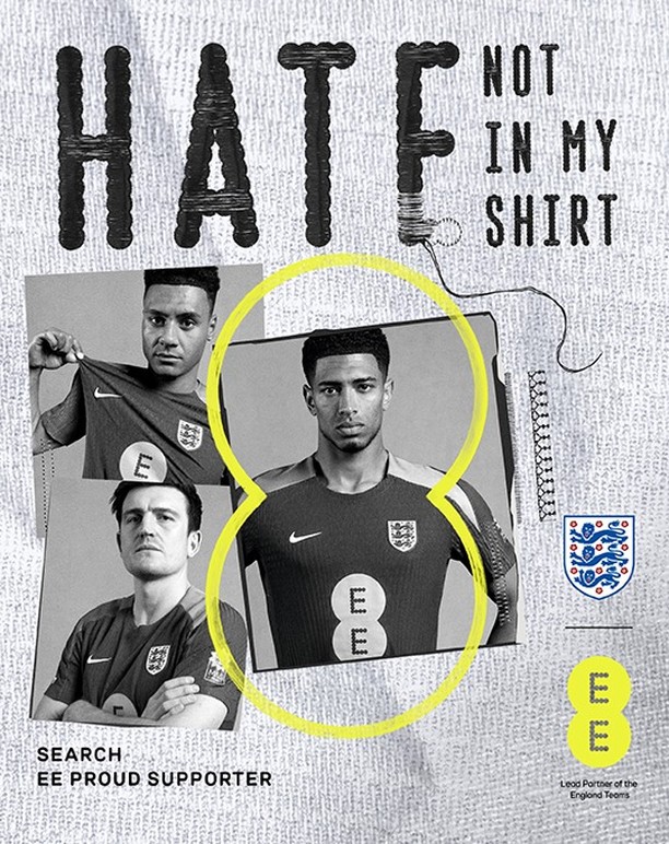 Three soccer players wearing team shirts are shown in a collage with a message about ending hate; a close up of one player in color.