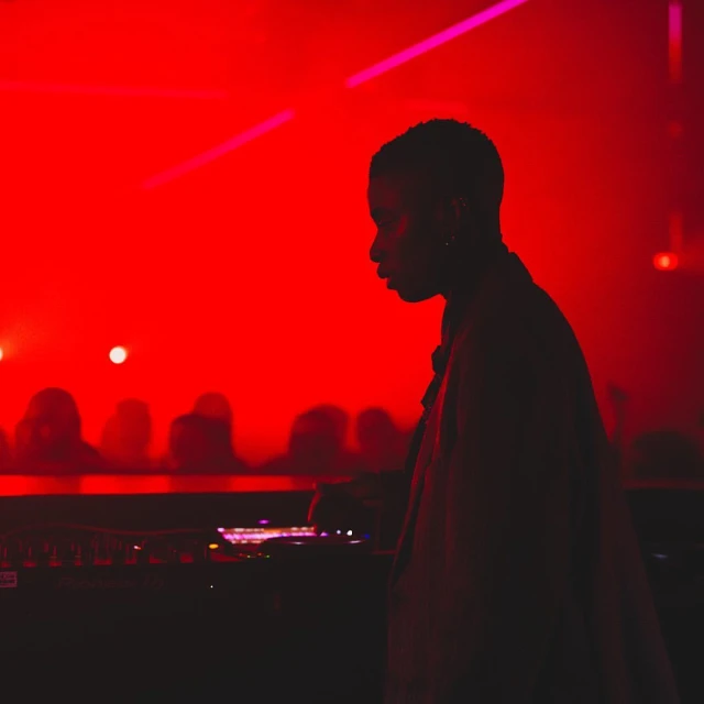 Silhouette of a DJ, illuminated by vibrant red light, performing in a nightclub setting with an audience in the background.