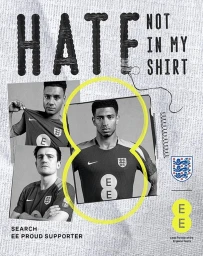 Collage poster by Yushy Pachnanda featuring three male football players in England jerseys with bold text reading HATE NOT IN MY SHIRT.
