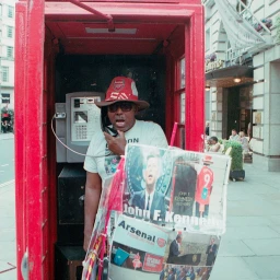 Man wearing a bucket hat and sunglasses inside a red telephone booth in London, holding a printed placard with John F. Kennedy and Arsenal imagery.
