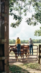 Two children standing on a metal farm gate looking at horses in a grassy field, photographed by Yve Assad.