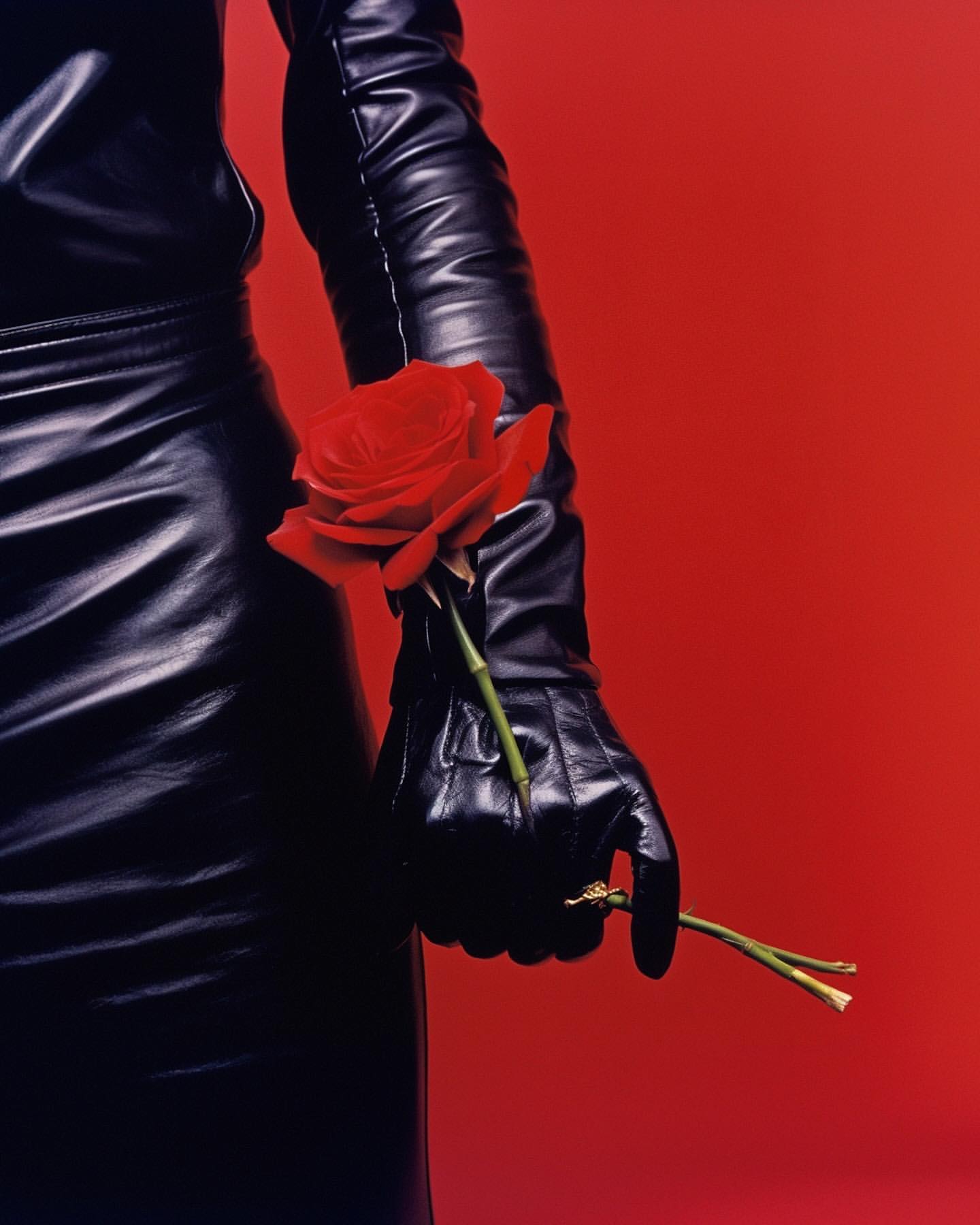Close-up studio shot of a gloved hand holding a red rose against a red background, showcasing textures of leather and flower petals.