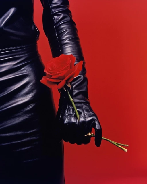 Close-up studio shot of a gloved hand holding a red rose against a red background, showcasing textures of leather and flower petals.