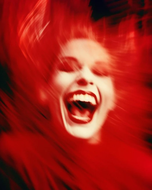 Abstract, blurred close-up of a shouting adult female's face with red lips and fair skin, set against a dark red background with motion blur.